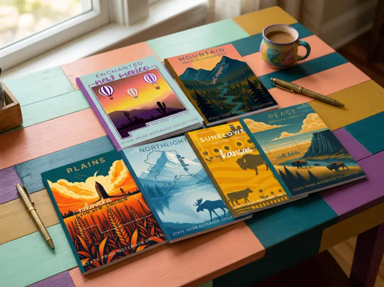 State Pride notebooks arranged on a colorful table